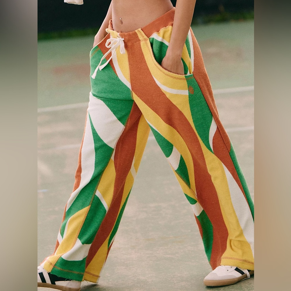 NWT Free People One Above Retro 70s Wide Leg Pants in Orange Yellow Green - Picture 4 of 8